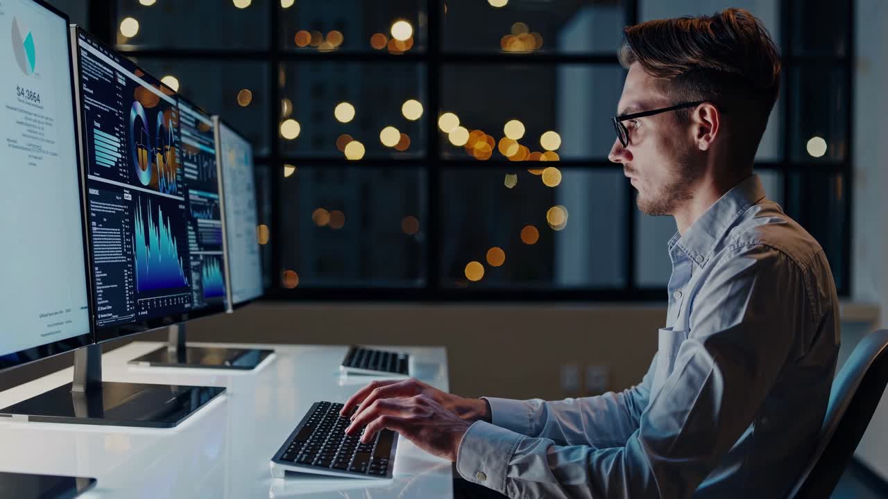 A side-angle video shot of a focused professional working on multiple monitors in a dimly lit