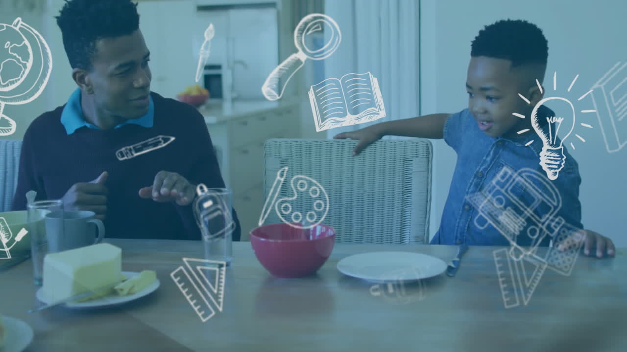 herramientas educativas animación durante la familia tomando el desayuno en la mesa de comedor