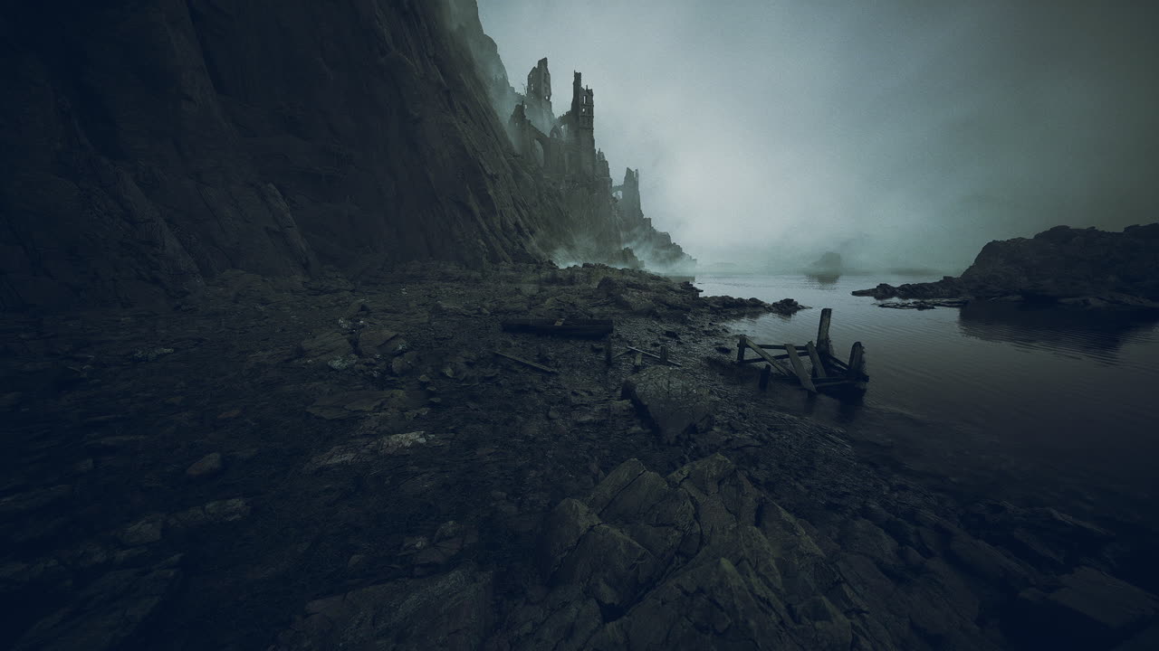 Eerie landscape with ancient ruins and fog over dark waters in twilight