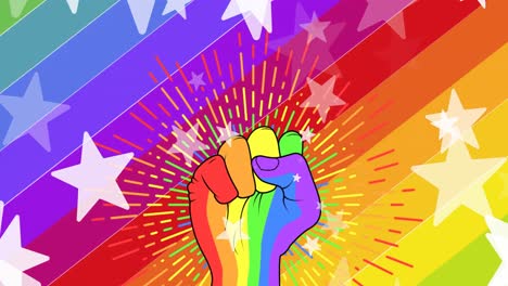 animation of stars over lgbtq fist and rainbow background