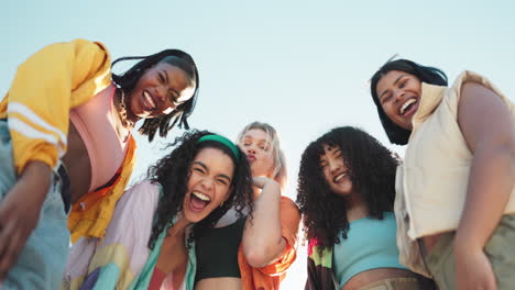 friends, peace sign and face of group of women