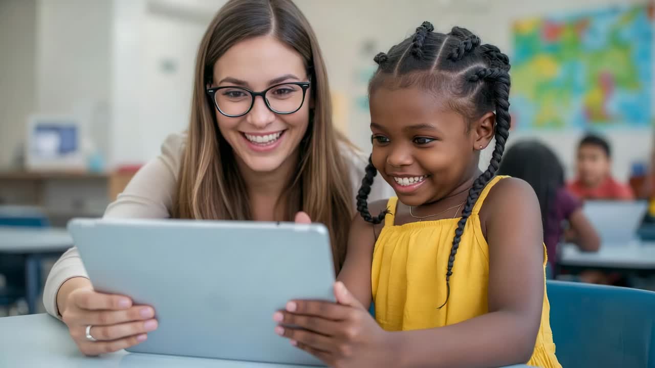 Professor usando tablet e guiando aluno que explora um app de aprendizado na sala de aula, com entusiasmo compartilhado