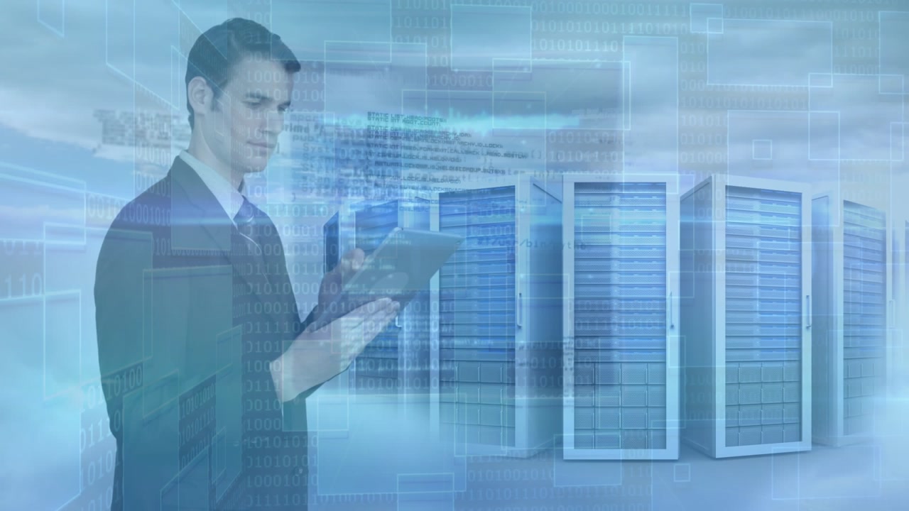 Businessman Managing Data and Servers with a Digital Tablet