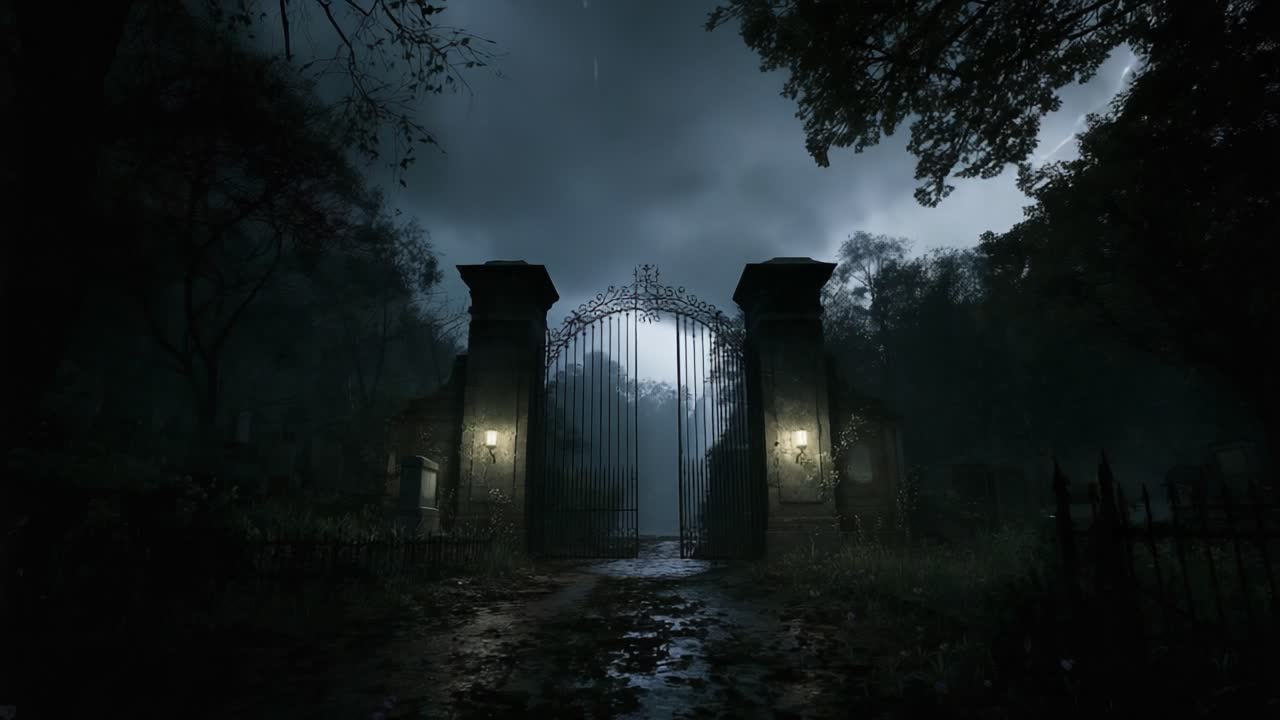 Mysterious Cemetery Gates Under Stormy Skies: A Haunting Vision of Nature's Fury with Spooky Shadows and Eerie Darkness