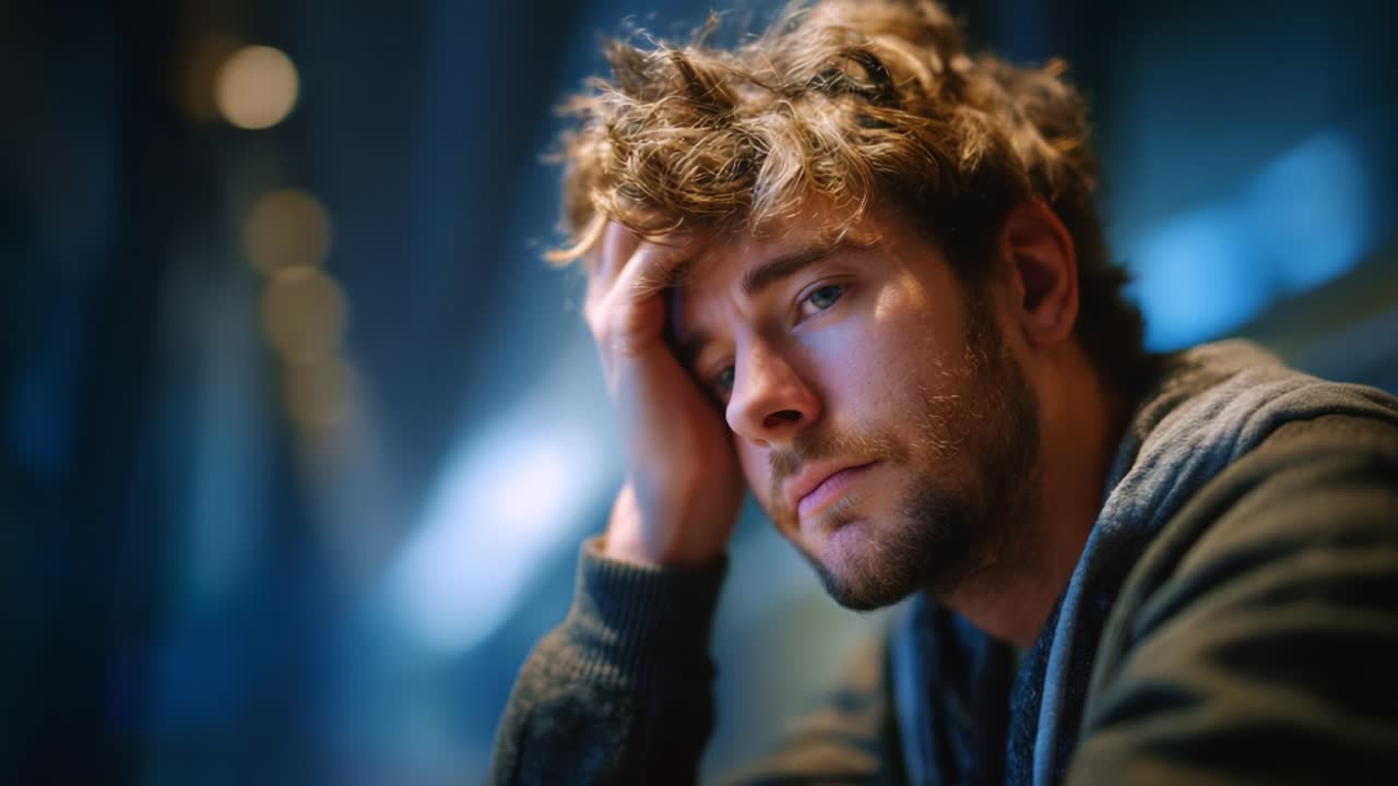 Un giovane uomo pensieroso è seduto in un ambiente moderno, mostrando sentimenti di introspezione e profondità emotiva, con una luce soffusa che mette in risalto la sua espressione