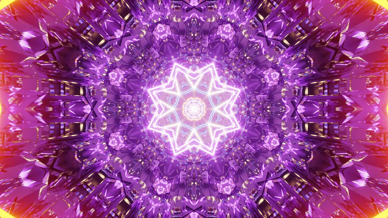 vuelo a través de un entorno futurista de calidoscopio 3d con brillantes círculos de luz de neón.