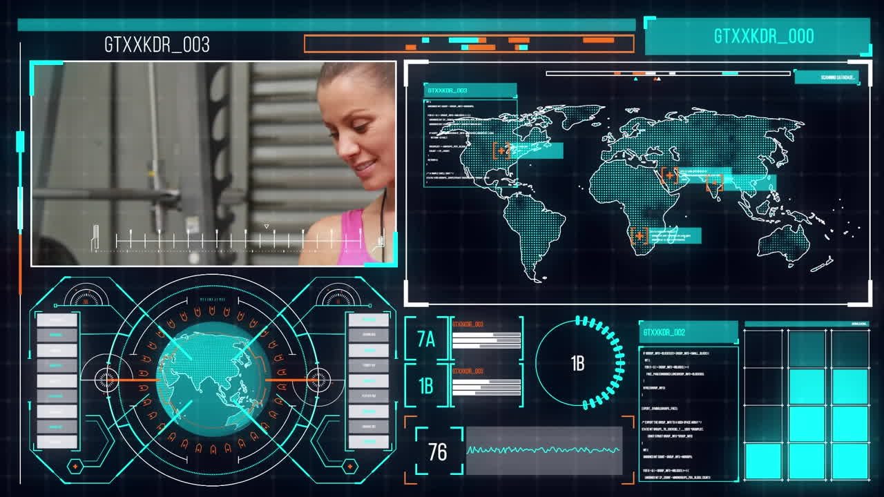 Animation of data and statistics processing over caucasian female fitness insrtuctor