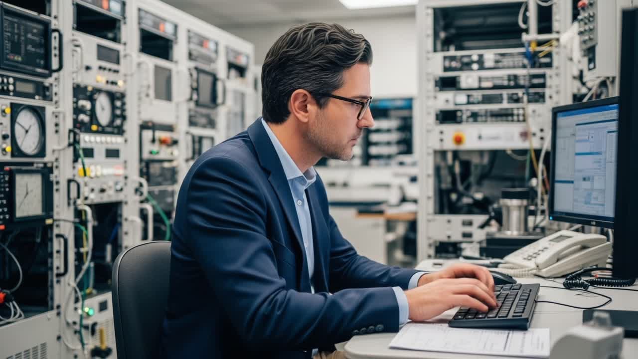 A Focused Professional Analyzes Data in a High-Tech Laboratory, Surrounded by Advanced Equipment and Instruments for Research and Development