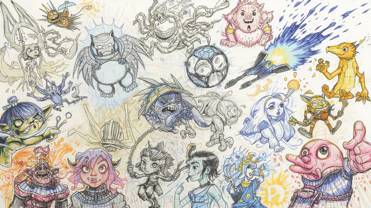 Panning camera shifting right and zooming on sketch sheet at art surface, showing rocket and lizard