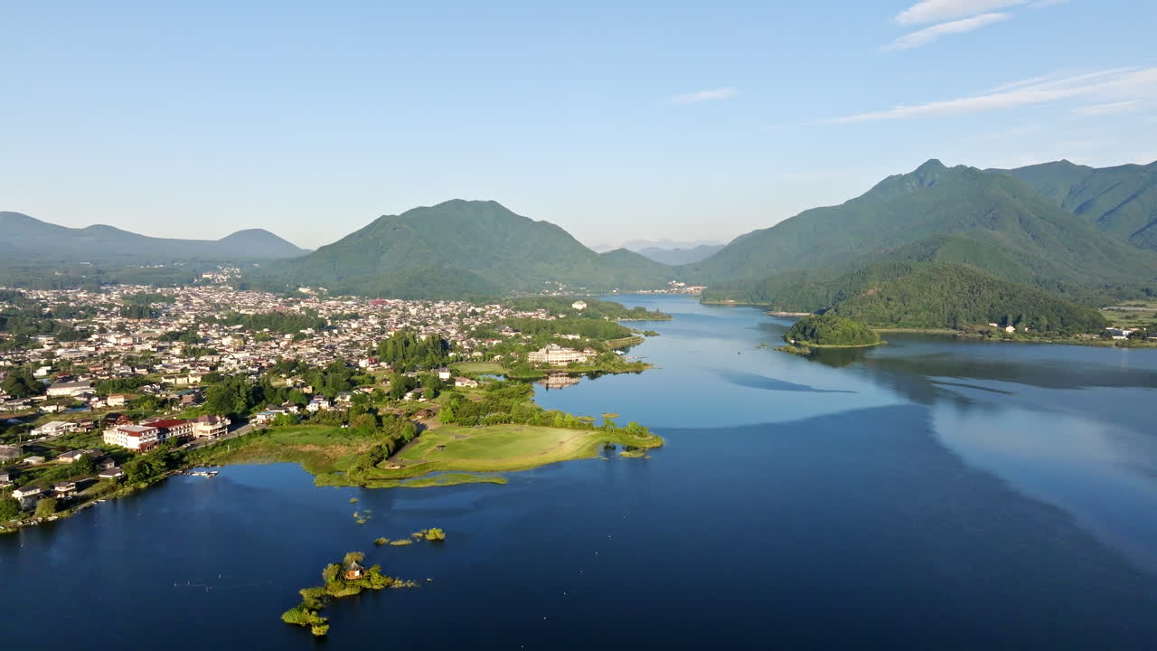 Aerial view along the Fujikawaguchiko town and lake Kawaguchi, summer in Japan