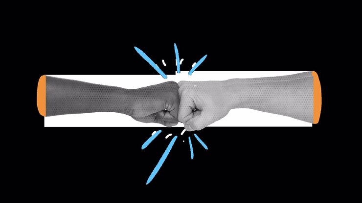 Animated collaged hands and symbols on alpha channel
