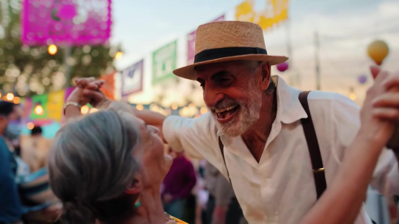 Coppia di anziani felice che balla a una festa all'aperto.