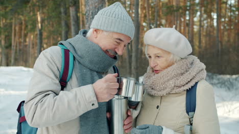 happy senior couple enjoying hot drinks in a winter forest