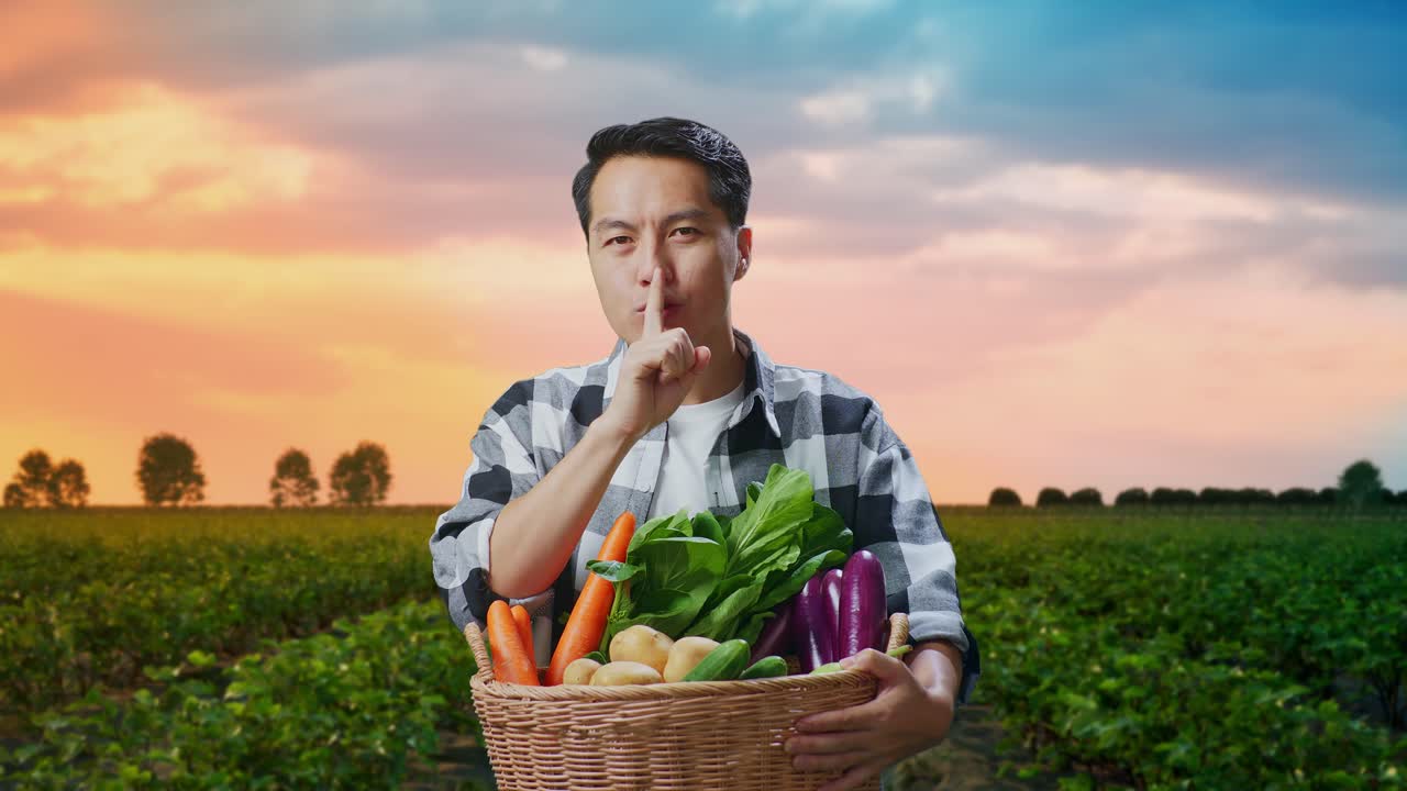 야채 바구니 를 들고 있는 아시아 남자 농부 가  에서 침 의 몸짓 을 보여 준다