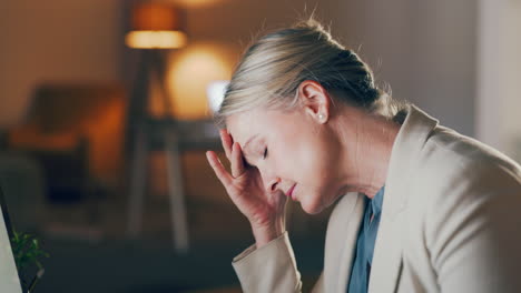 headache, stress and woman at computer in night