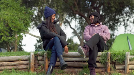 laughing friends, women and high five on camping