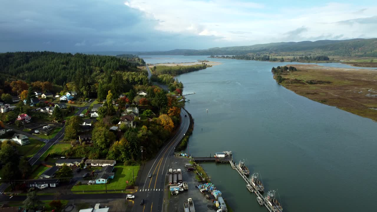 US, WA, South Bend, 2025-10-25 - Drone view of the city in fall
