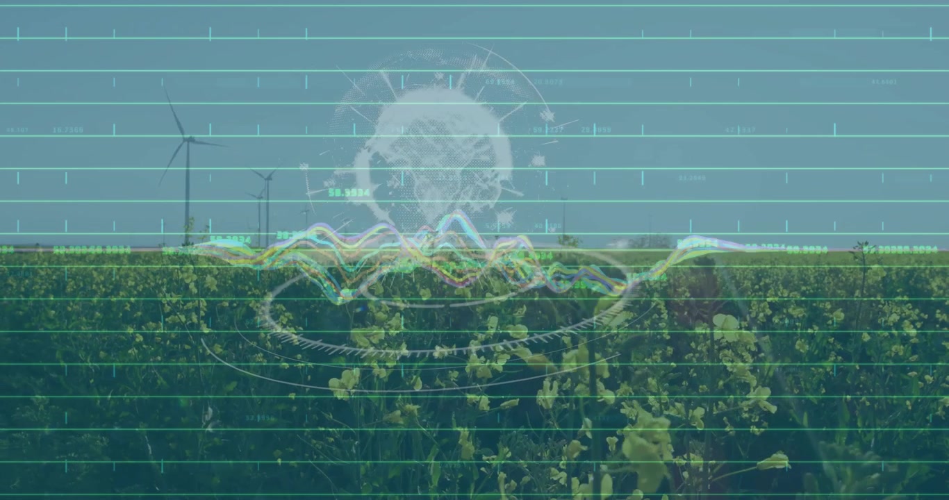 Digital energy overlay being animated over yellow crop field, showing wind turbines, data waves