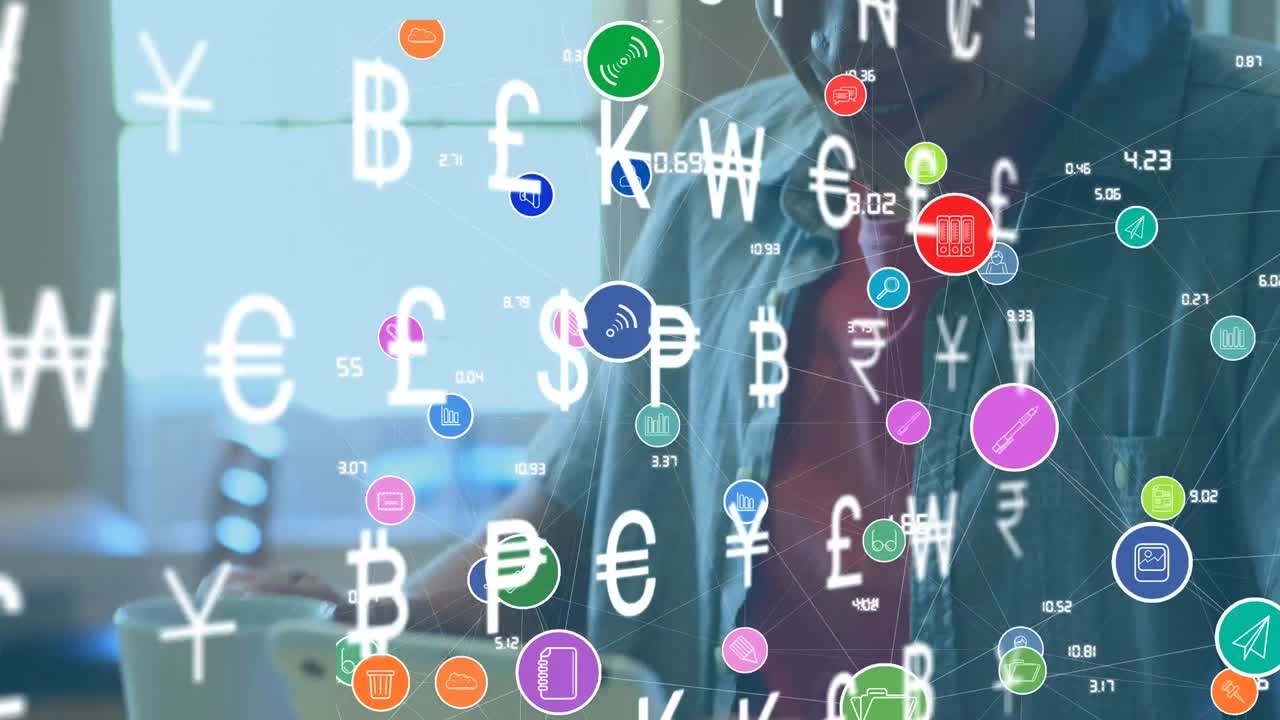 스마트폰을 사용하는 아시아 남성 위의 미디어 아이콘의 애니메이션