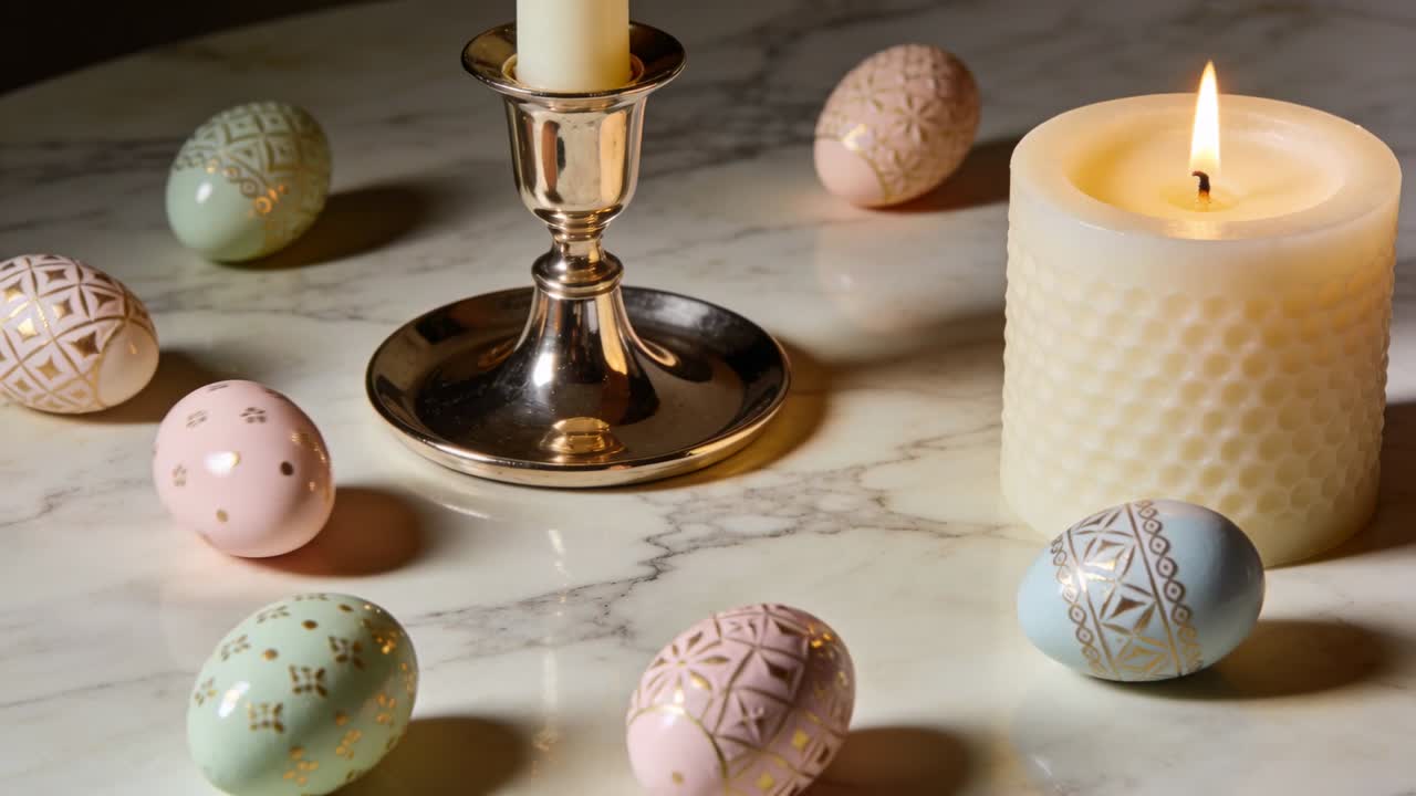 Rolling pastel eggs shifting on marble after setup, with silver candlestick, lit pillar candle