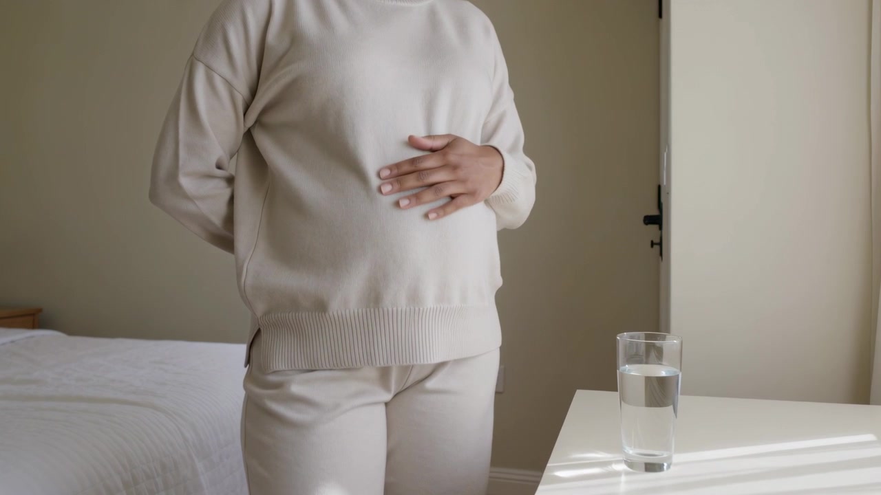 Placing glass down, woman in cream sweater bringing hand to rounded abdomen, comforting at bedside