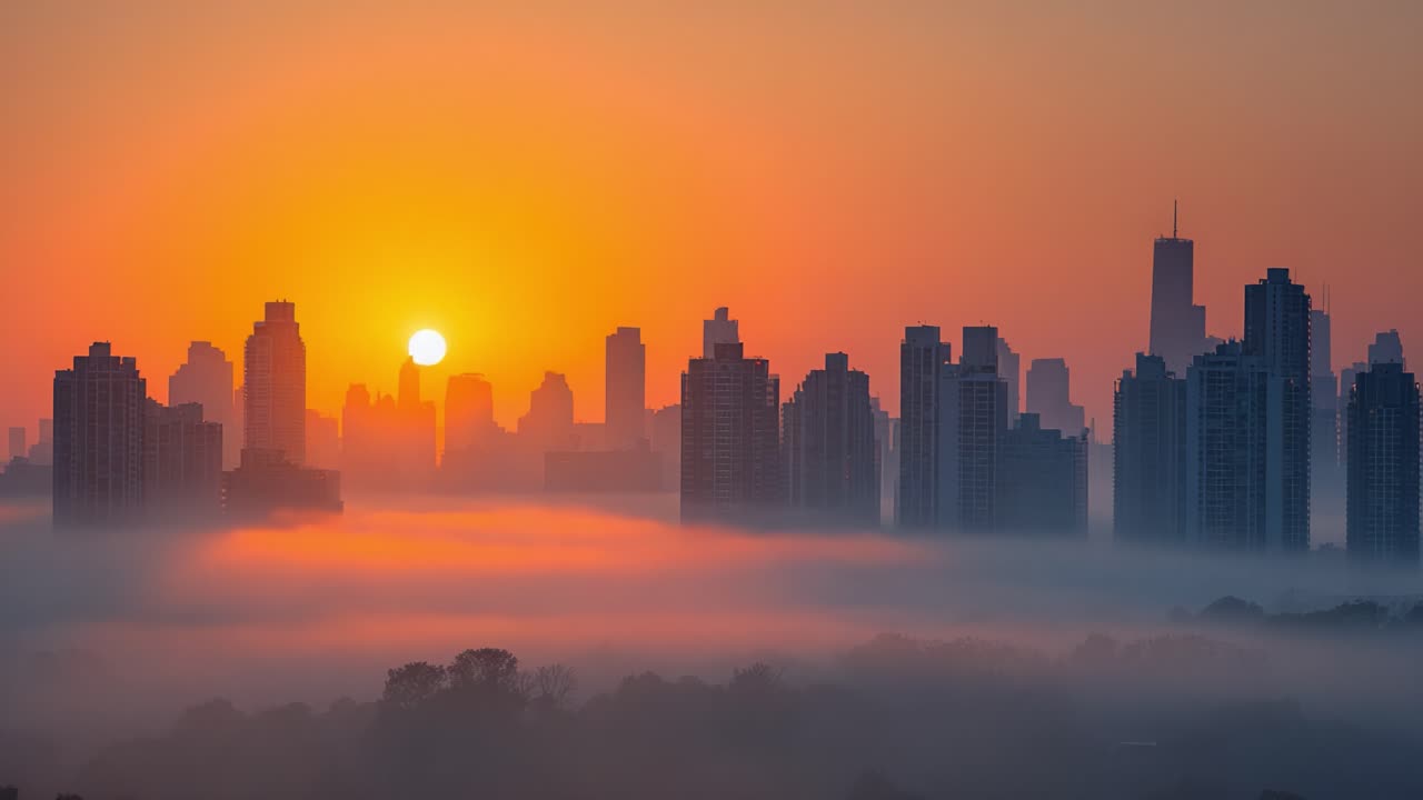 A breathtaking view of the sun rising over a city skyline, casting a warm glow through the dense fog, creating a serene and tranquil atmosphere at dawn