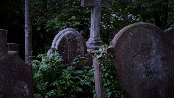 Lapidi in un cimitero di notte durante un temporale