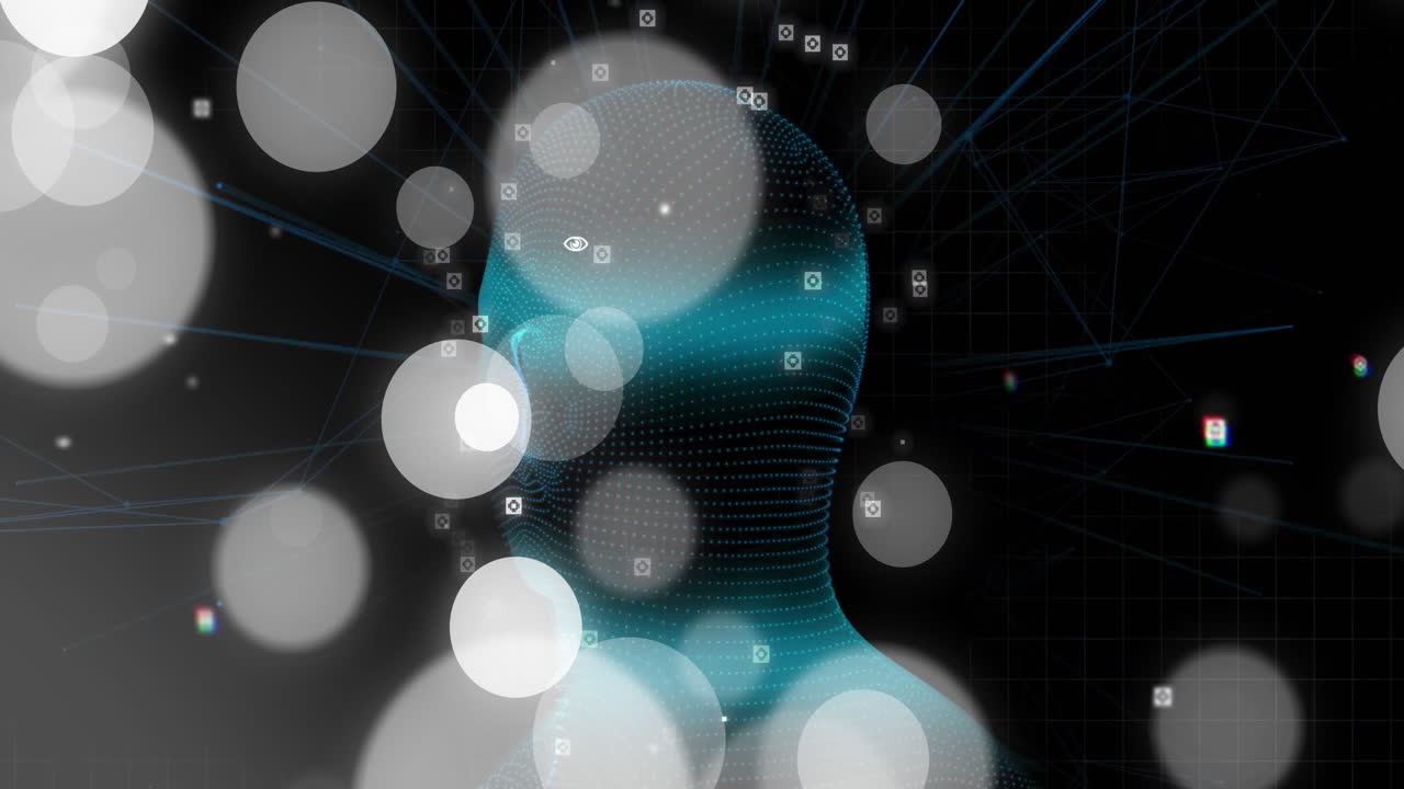Digital human head with glowing circles and data points animation