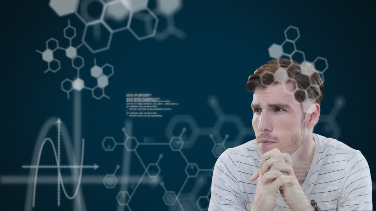 불안한 백인 남자의 애니메이션과 검은색 배경에 떠다니는 데이터와 공식을 보는