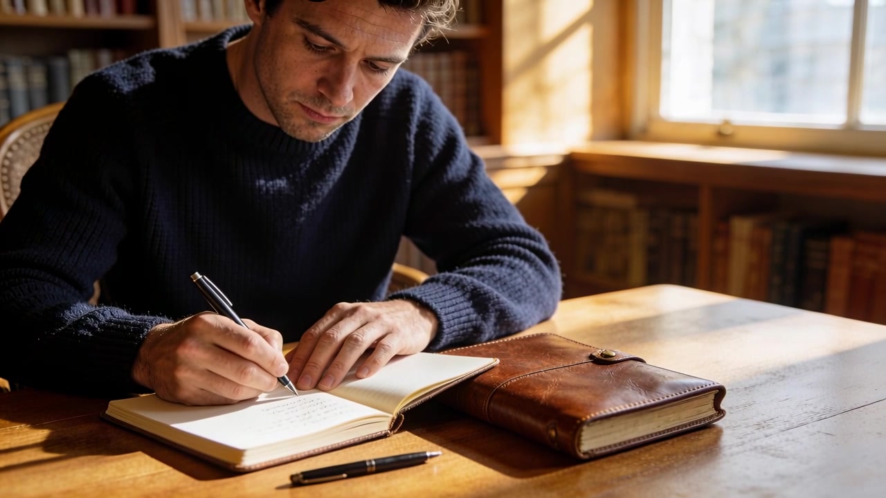 Mann iført mørkeblå genser lener seg fremover og skriver med penn i en notatbok på et kontor for å ta notater.
