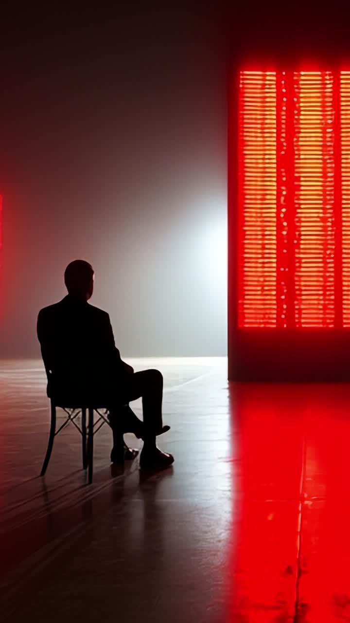 Figura contemplativa in silhouette su uno sfondo di luci rosse brillanti che evoca emozione e mistero in un ambiente urbano minimalista