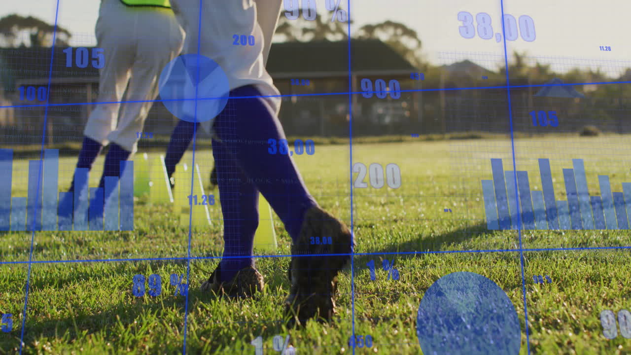 female soccer players executing training drill around cones on grass, displaying digital charts