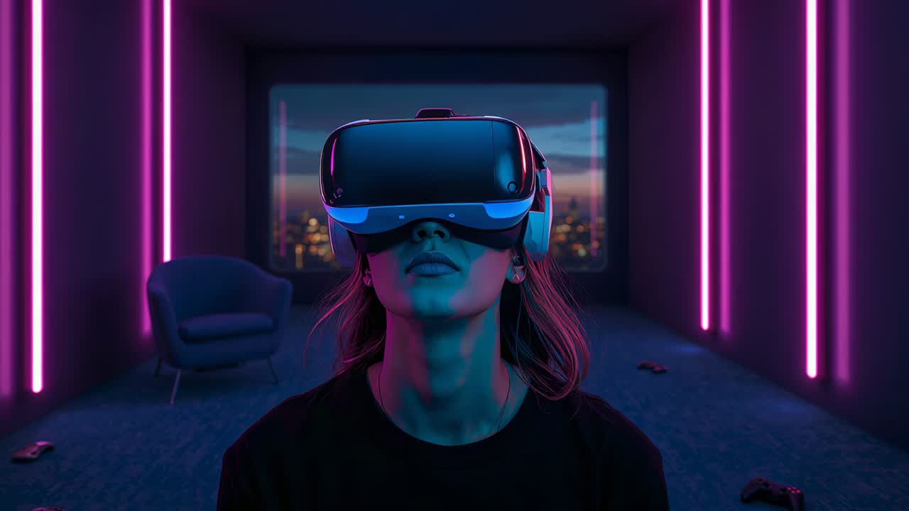 Reacting to simulation, woman with VR headset turning head in neon-lit media room with controllers