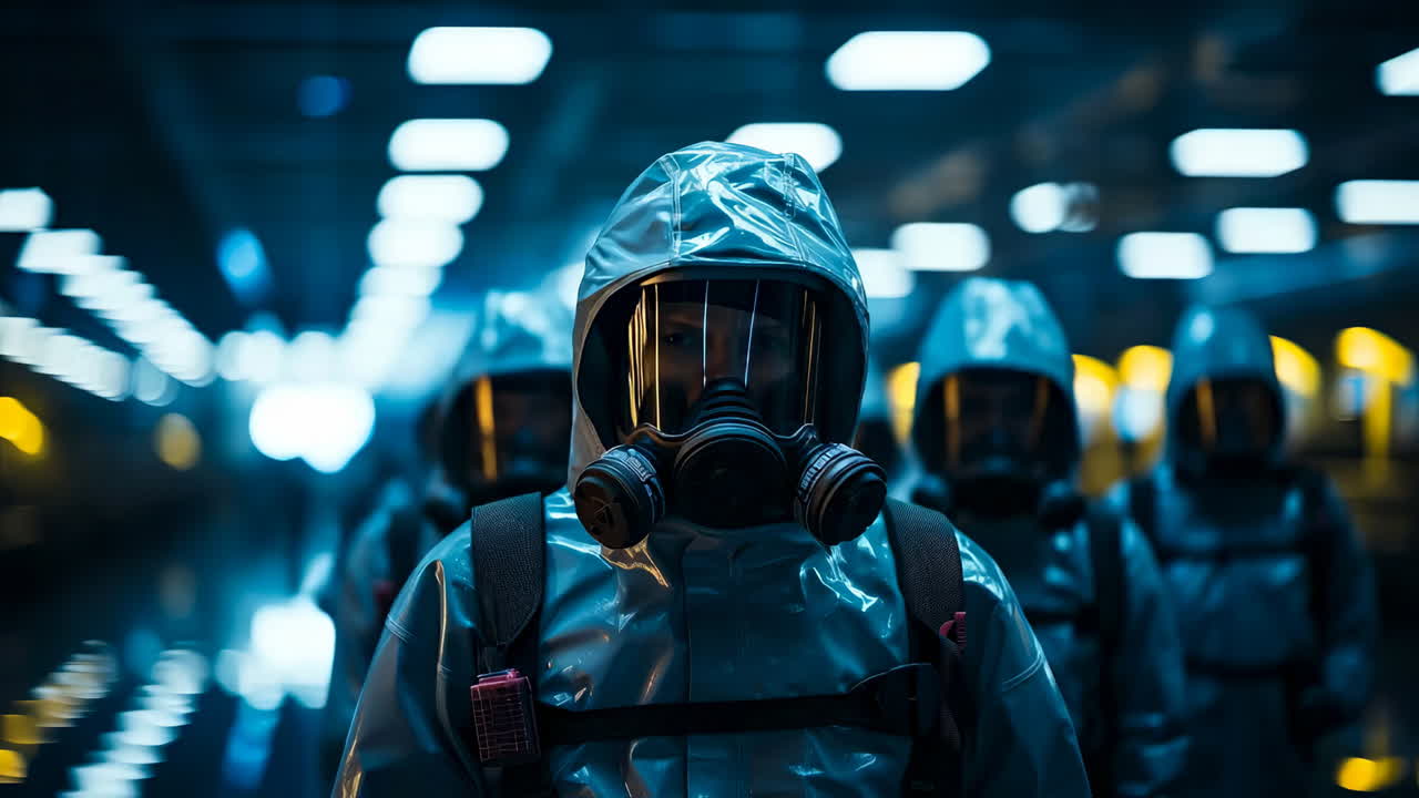 Rescue team in safety gear. A group of emergency responders in protective suits and masks walk through a dimly lit industrial area during a crisis