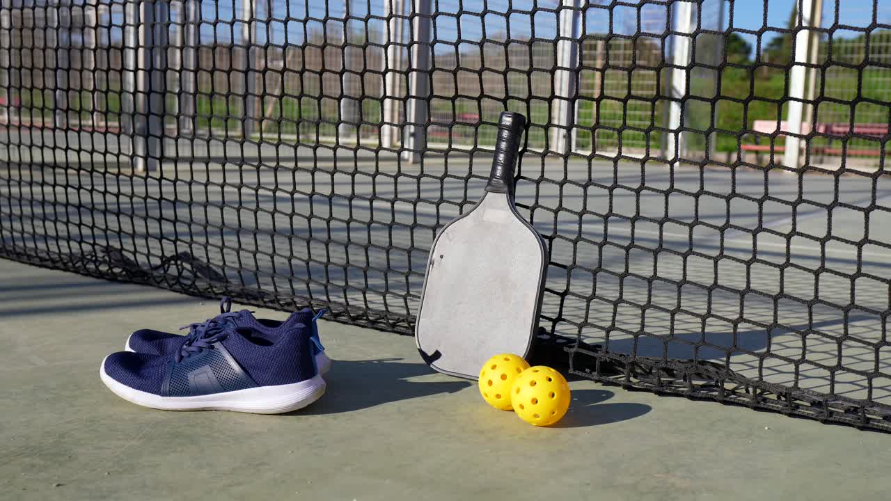 Pickleball Paddle, Balls, and Sneakers on an Outdoor Court