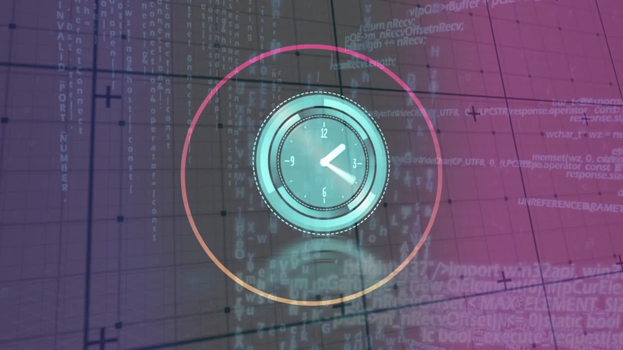 Animation of clock and data processing over dark background