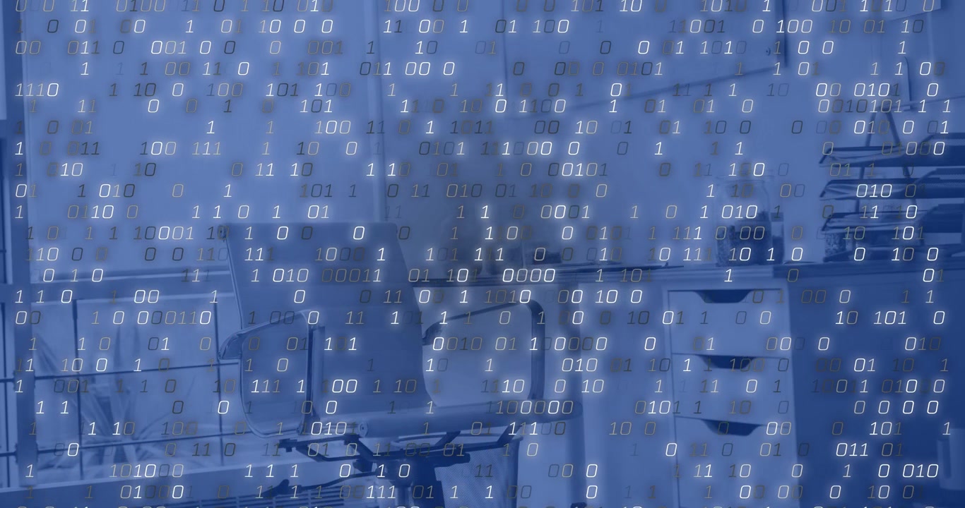 Digital Binary Code Overlaying a Modern Office Workspace