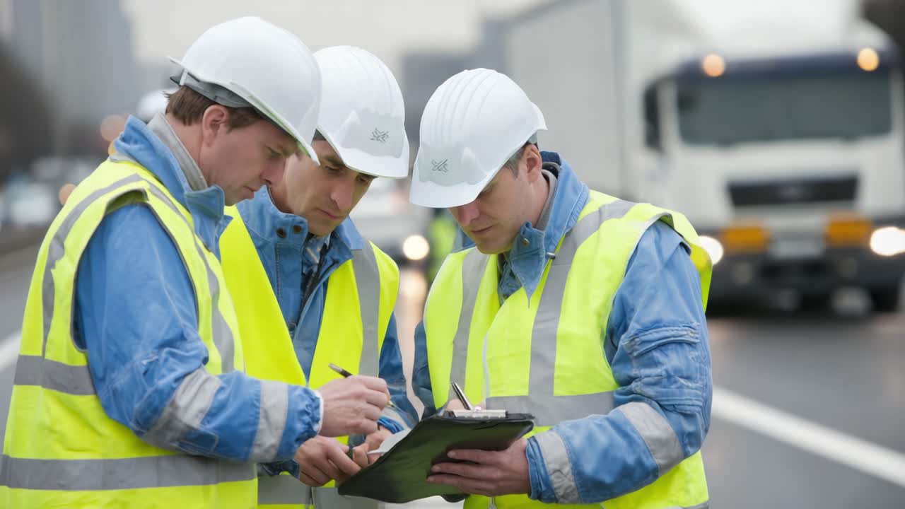 Three Construction Workers in Safety Gear Collaborate on a Project by the Road, Engaging in Detailed Discussion and Notetaking in a Busy Urban Setting