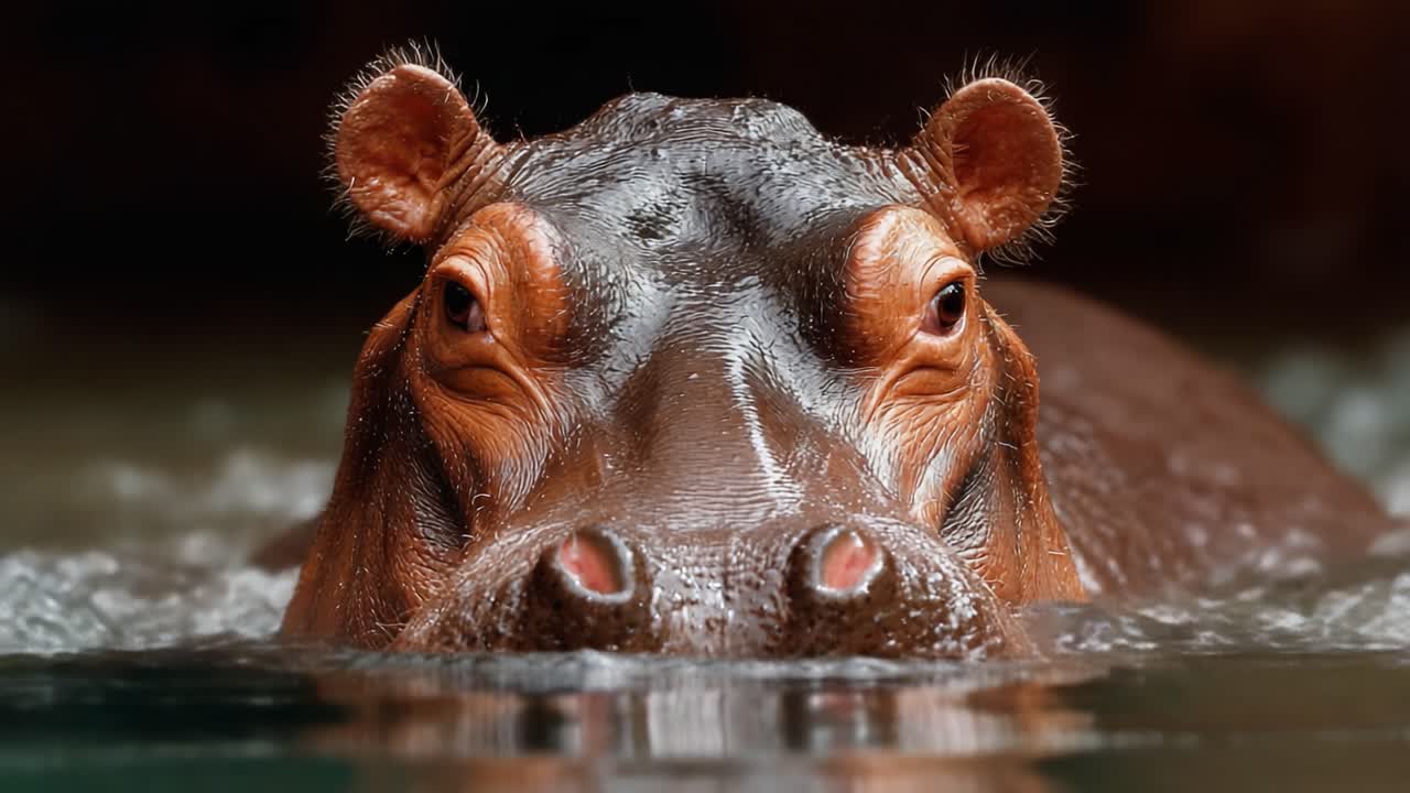 A Close-Up View of a Hippopotamus Emerging from the Water, Capturing the Unique Facial Features and Textures of This Majestic Aquatic Mammal