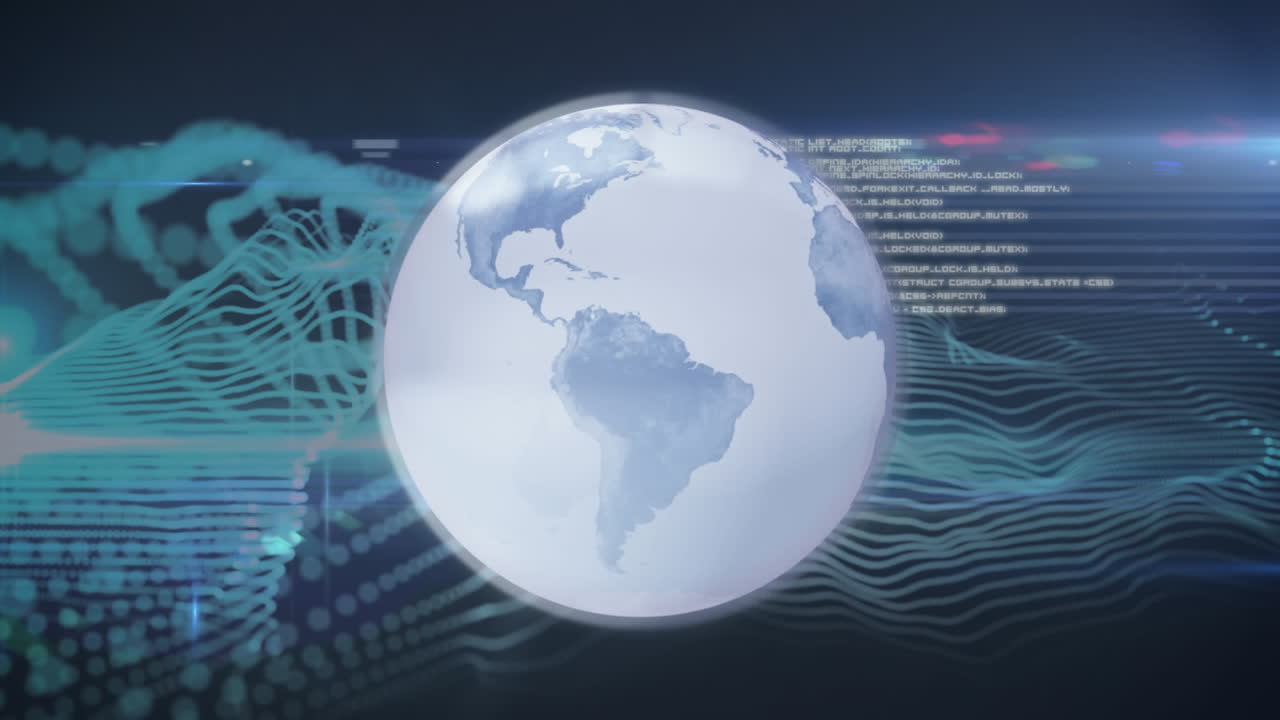 Animation of blue and white globe and data processing with topographical chart on blue