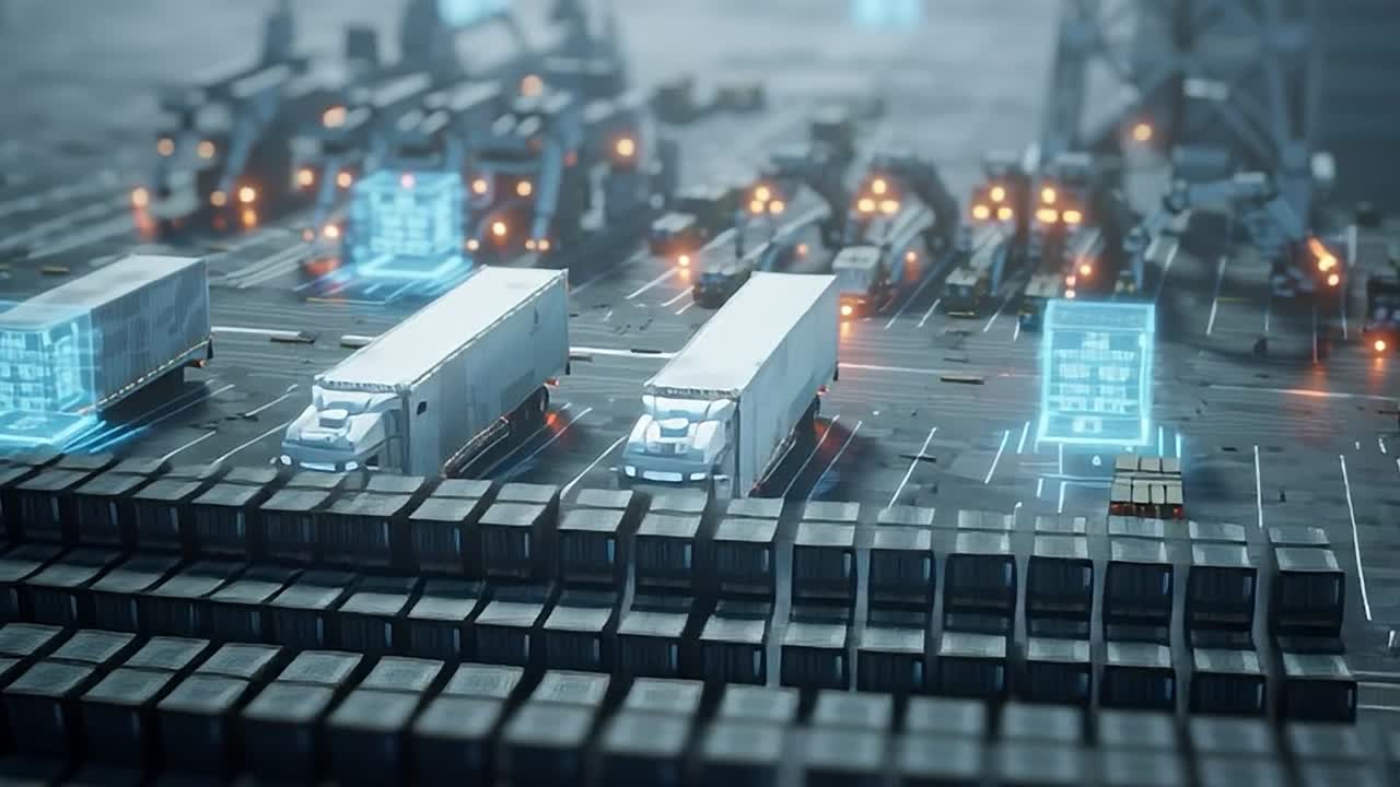 Trucks and containers in a high-tech logistics hub during the day
