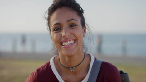 portrait beautiful young woman smiling cheerful travel ready preparing for summer vacation looking excited wearing backpack on seaside ocean background