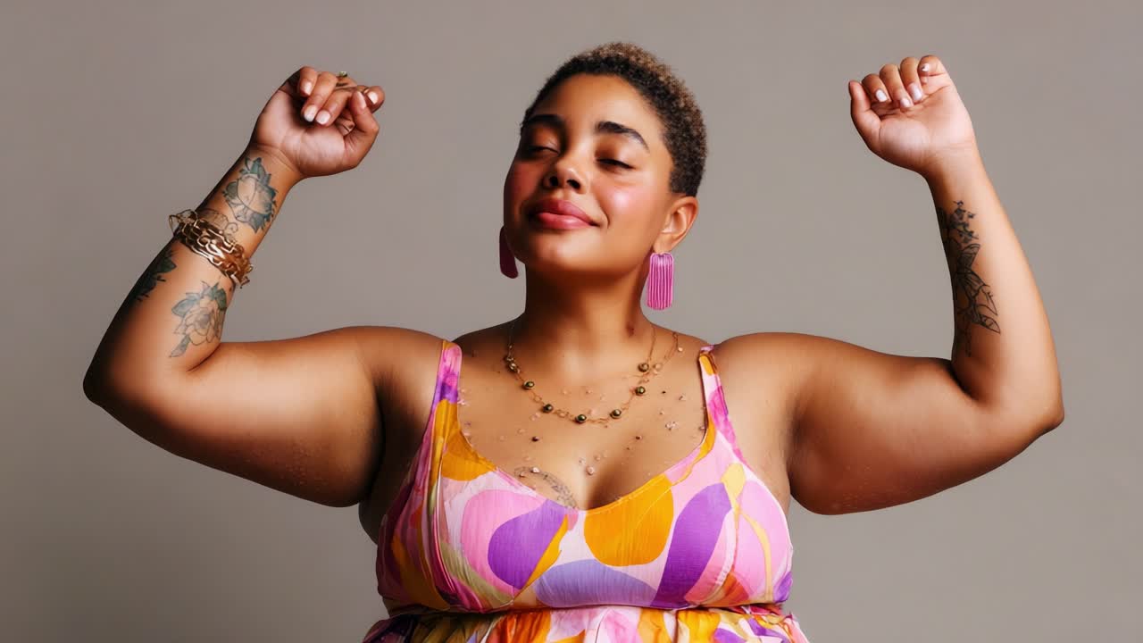 Celebrating Joy and Self-Expression: A Confident Individual Radiates Positivity and Happiness Through Movement, Embracing Their Body and Spirit in Colorful Attire