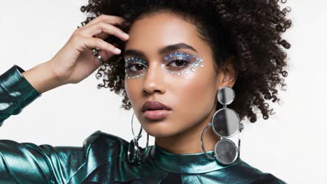 A Glamorous Portrait of a Fashion Model Showcasing Bold Makeup and Unique Accessories with Stunning Lighting and Textured Hair