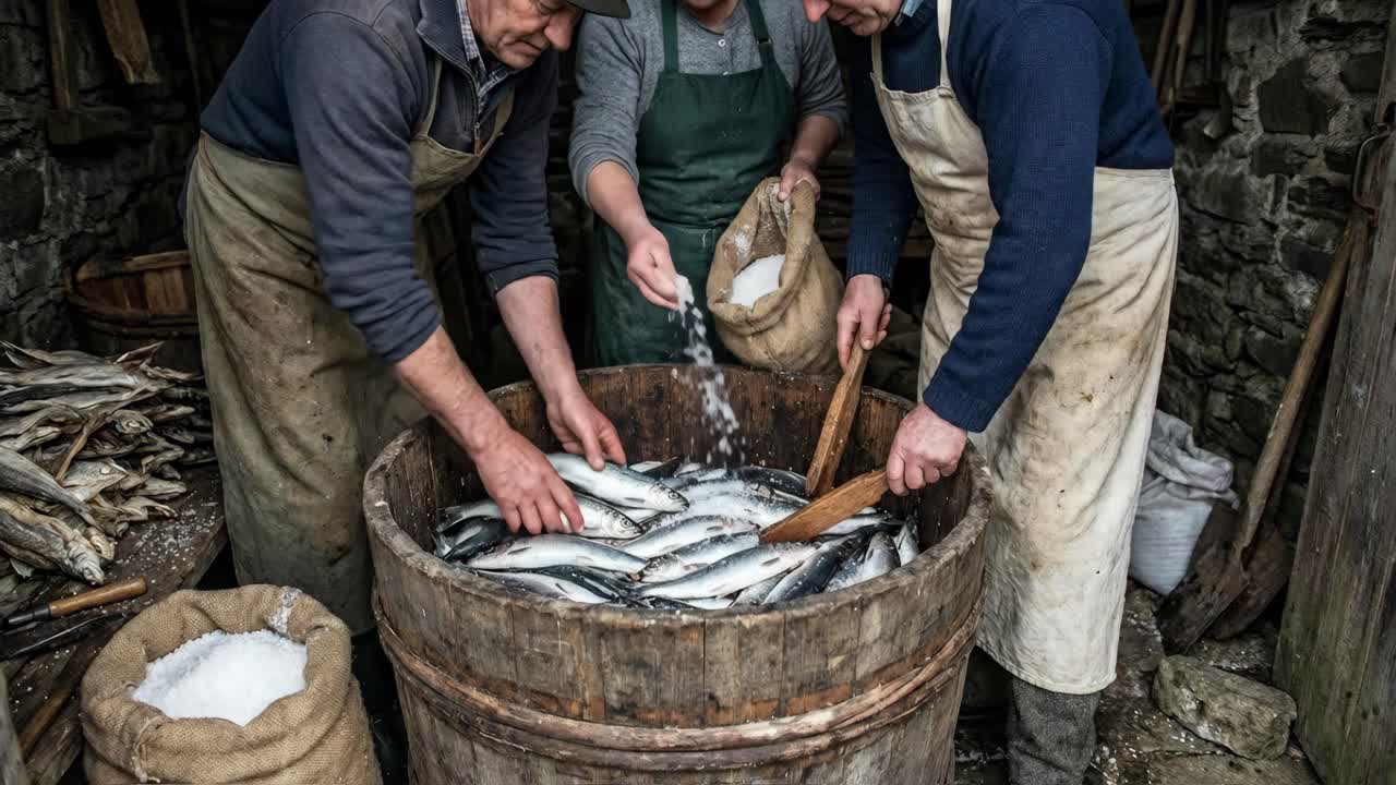 Fisch in einem Holzfass pökeln