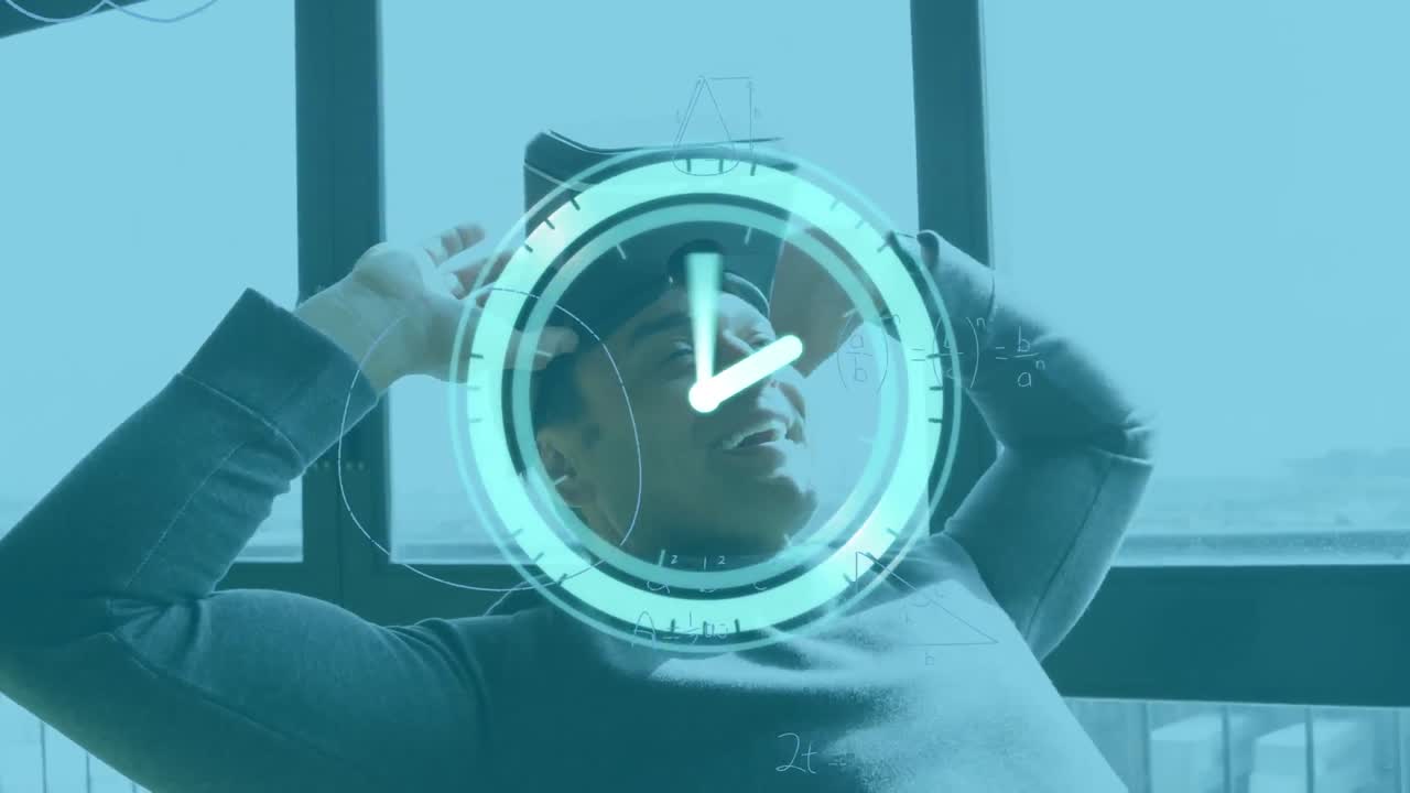 Animation of clock and mathematical formulas over businessman using vr headset