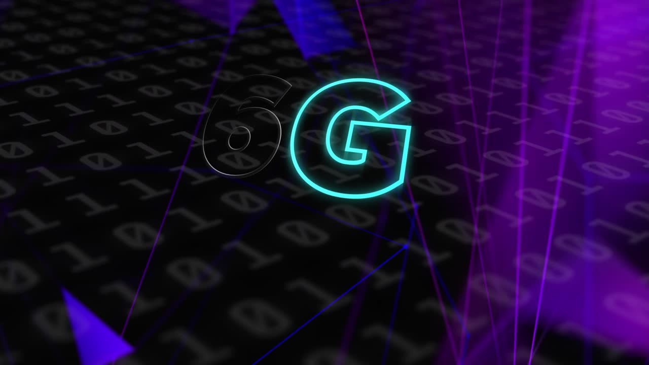 Animation of 6g text over data processing and shapes