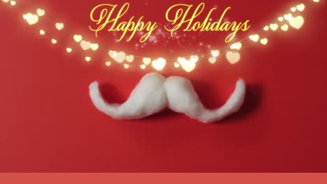 Animation-of-happy-holidays-christmas-text-over-lights-and-mustache-on-red-background