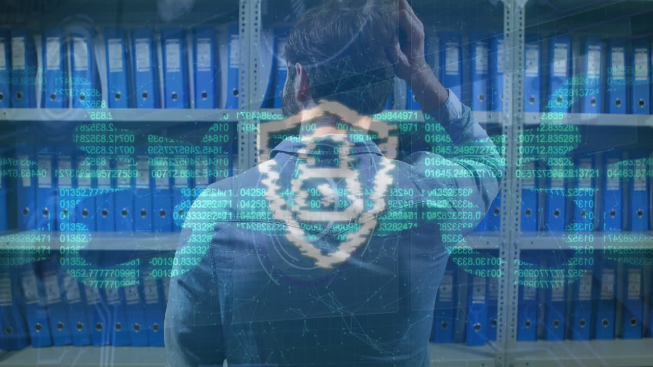 Animation of padlock in shield, blockchain, rear view of confused caucasian man looking at files