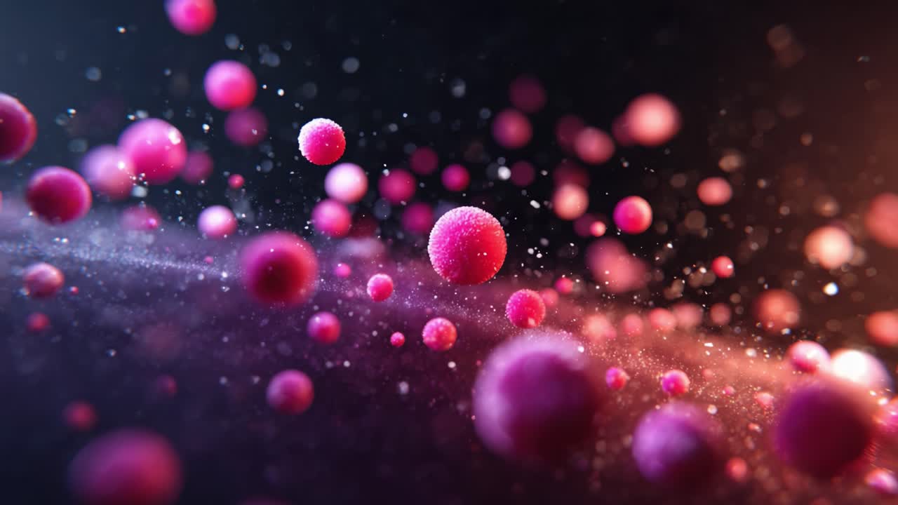 A Dynamic Visualization of Floating Pink Spheres in a Cosmic Background, Capturing Momentary Interactions Amidst a Sea of Vibrant Color and Texture